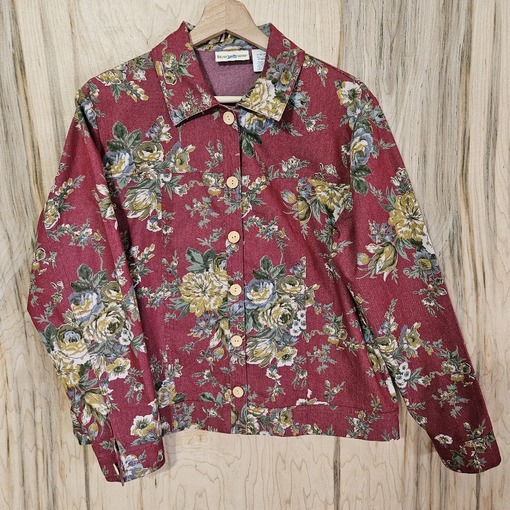 TravelSmith Womens Size Medium Red Floral Button Front Jacket Stretch Comfort